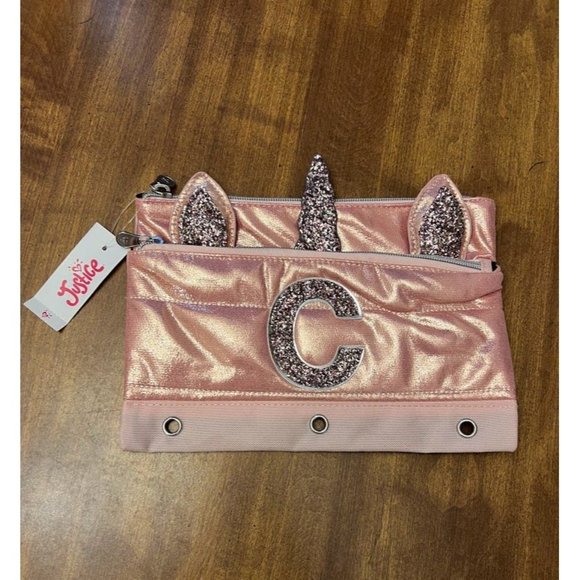 NWT Justice Girls Rose Gold Sparkly Unicorn Initial "C" Pencil Pouch - Picture 2 of 8